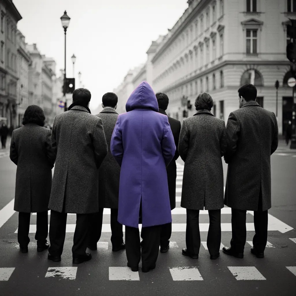 Una fila di persone di spalle in cappotti grigi: una sola indossa un cappotto viola.